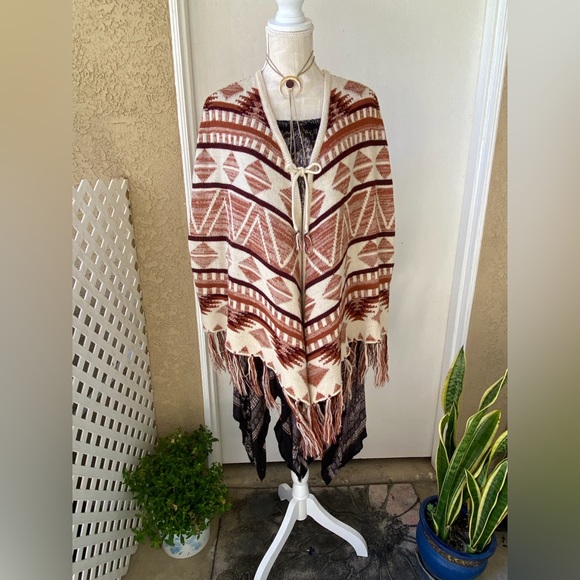 vintage earth tone fringed shawl poncho cape native design - Picture 3 of 15